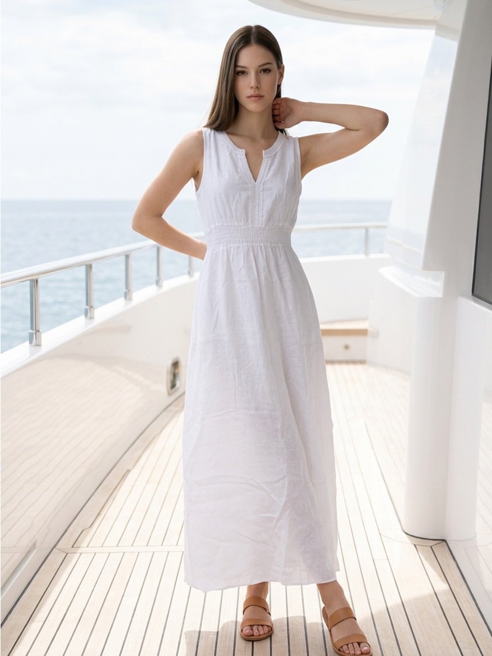 Terzo Millennio Womens Sz Small White Linen Italy Maxi Cover Up Dress Beach